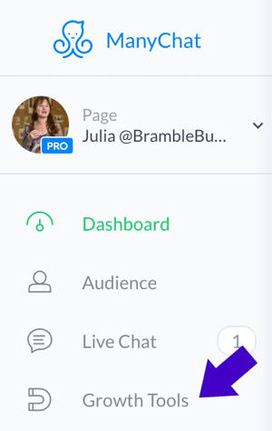 Da biste kreirali Facebook promociju komentara, prvo kliknite Alati za rast na nadzornoj ploči ManyChat.