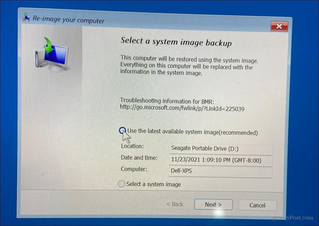 Odaberite Sigurnosna kopija slike sustava