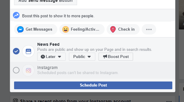 Kako prebaciti post na Instagram s Facebooka na radnoj površini, primjer opcije cross-post na Instagram više nije dostupna prilikom zakazivanja Facebook posta