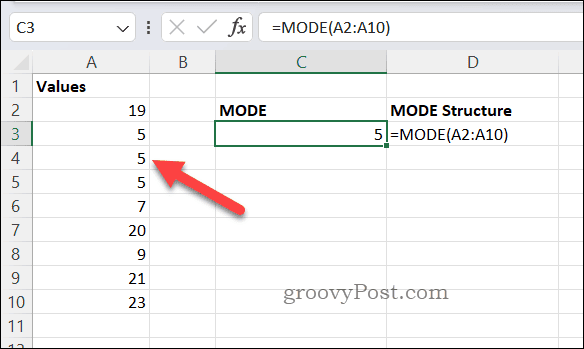 Rezultat formule MODE u Excelu