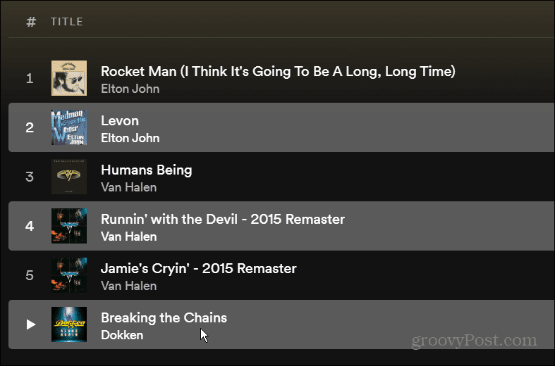 pojedinačne pjesme na Spotify popisu pjesama