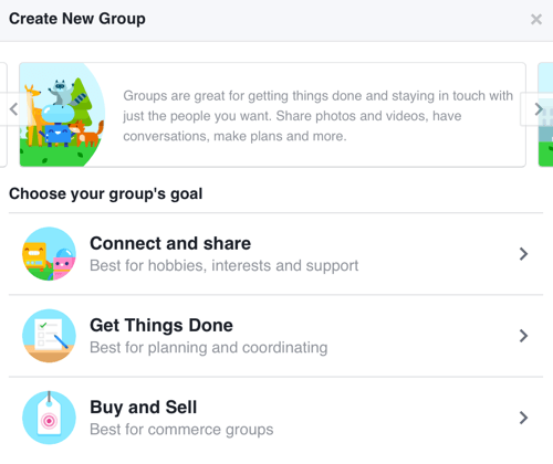 Da biste stvorili Facebook grupu usmjerenu na izgradnju zajednice, odaberite Connect and Share.