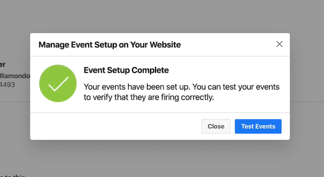 Gumb Test Events u programu Facebook Events Manager