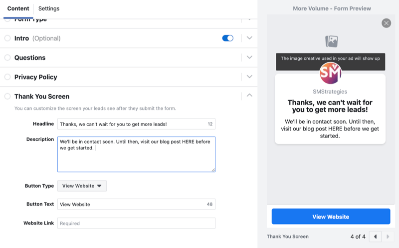 postavite zaslon zahvale za obrazac za generiranje Facebook olova
