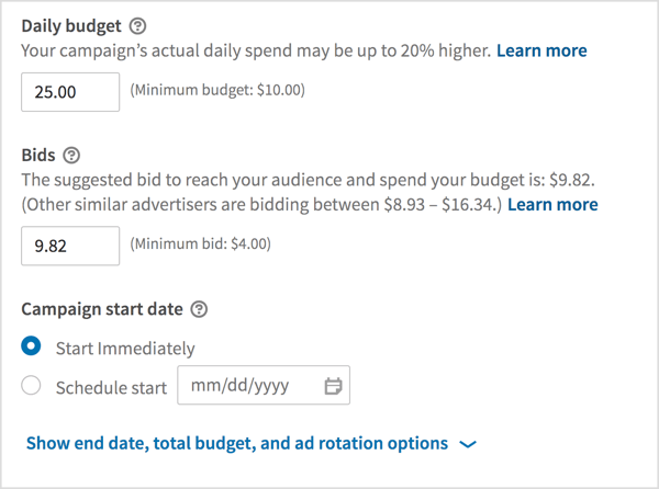 Odaberite dnevni proračun, unesite ponudu i odaberite datume početka kampanje.