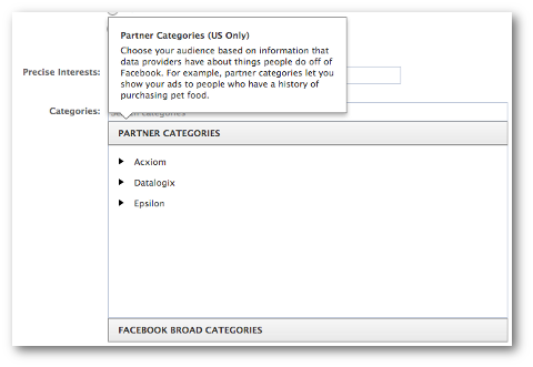 facebook široke kategorije partnera