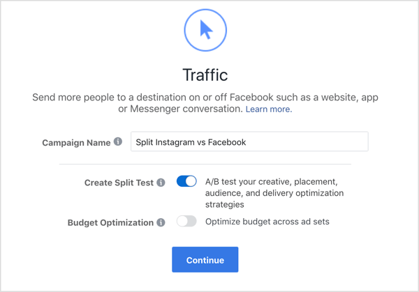 Dodajte naziv kampanje i odaberite opciju Create Split Test za Facebook Traffic kampanju