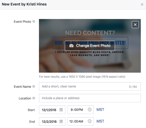 Ispunite ove detalje da biste stvorili Facebook događaj.