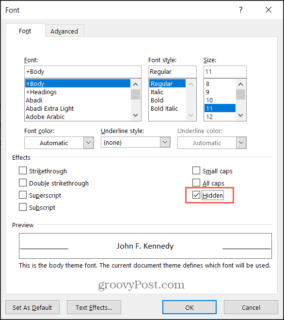 Označite okvir za skriveni tekst u programu Microsoft Word na sustavu Windows