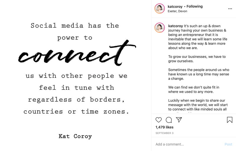 primjer instagram citata s tekstom prvenstveno u blok fontu s nekoliko riječi u tekstu skripte za naglašavanje