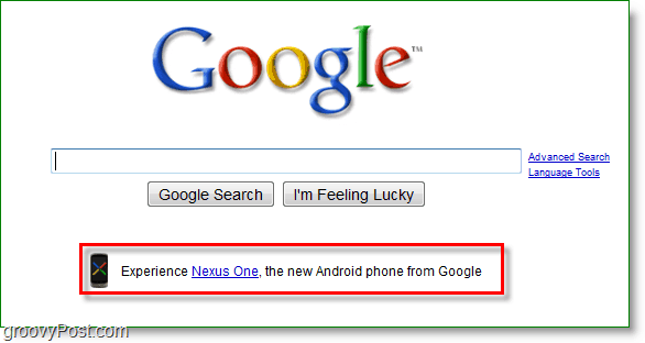 Nexus jedan oglašava se na početnoj stranici googlea.