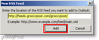 Snimak zaslona Microsoft Outlook 2007 - Unesite novi RSS feed