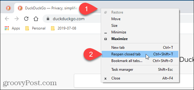 Odaberite Ponovno otvaranje zatvorene kartice u Chromeu