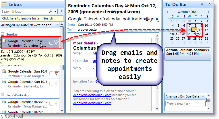 Traka obaveza Outlook 2007 - povucite e-poštu u kalendar