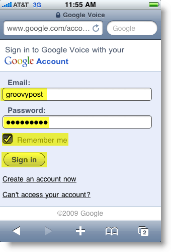 Stranica za prijavu na mobilni telefon Google Voice