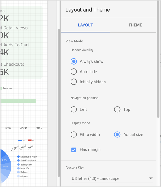 Ugađajte aspekte izvješća Data Studio, poput načina prikaza i veličine platna. 