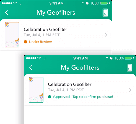 Nakon što vaš Snapchat geofilter bude odobren, njegov će se status prikazati odobrenim na zaslonu My Geofilters.