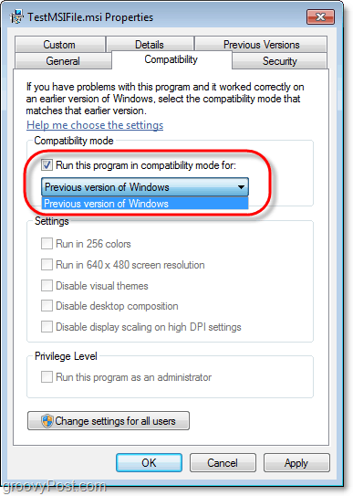 kako vidjeti informacije o kompatibilnosti za datoteku Windows 7 msi