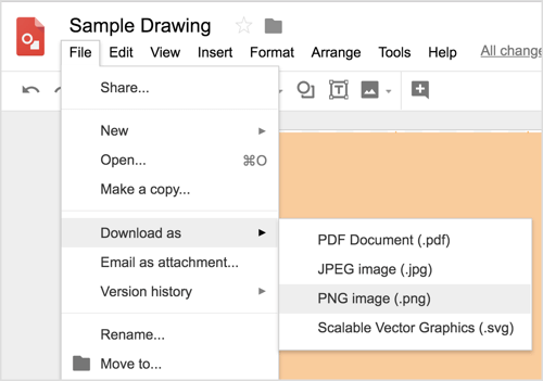 Odaberite Datoteka> Preuzmi kao> PNG sliku (.png) da biste preuzeli svoj dizajn Google crteža.