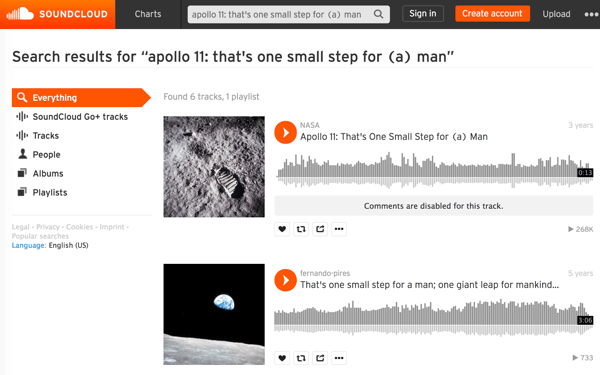 Pretražite NASA-ine medijske datoteke na SoundCloudu kako biste pronašli i preuzeli zvuk ikoničnih povijesnih trenutaka poput prve šetnje Mjesecom.
