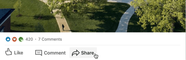 LinkedIn post s pokazivačem koji lebdi iznad gumba Dijeli
