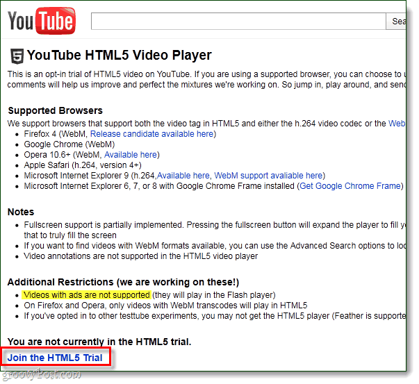YouTube za prijavu HTML5
