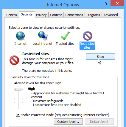 Web lokacije s ograničenjem Internet Explorera