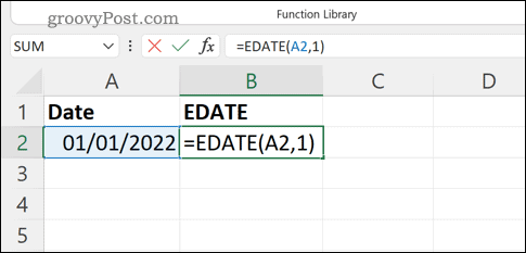 Upisivanje formule EDATE u traku formule u Excelu
