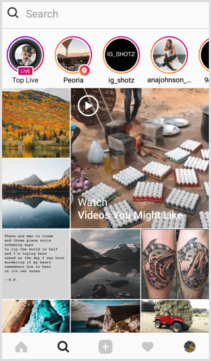 Instagram Live na kartici Search and Explore