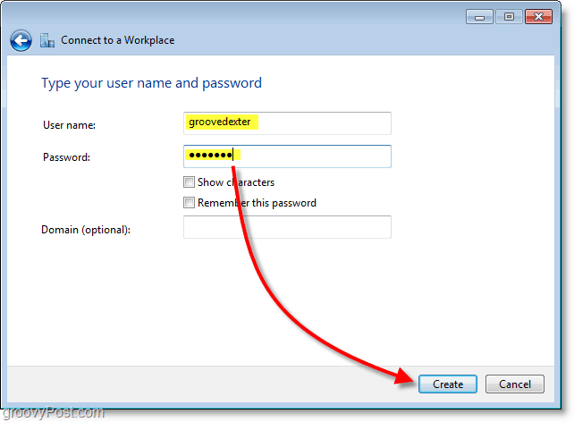 upišite svoje korisničko ime i lozinku, a zatim stvorite vezu u sustavu Windows 7