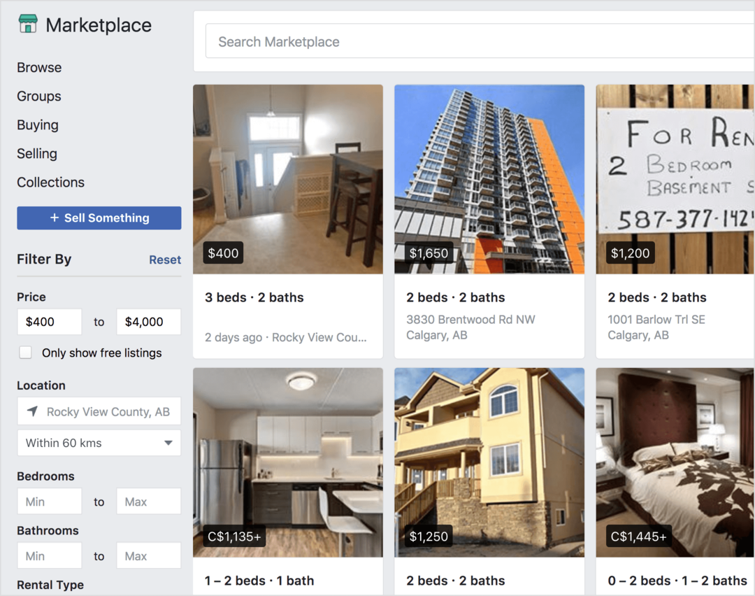 Facebook Marketplace nudi nekretnine za iznajmljivanje na prodaju.