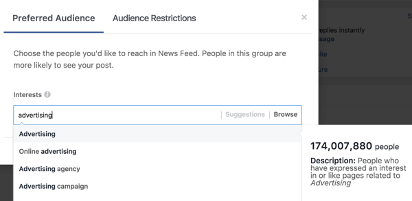 Jednom kada unesete interes, Facebook će vam predložiti dodatne oznake interesa.