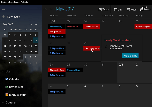 Aplikacija Windows 10 Kalendar
