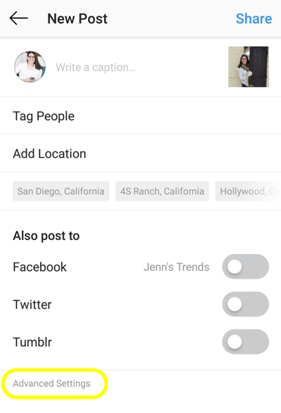 Kako dodati alt tekst u postove na Instagramu, korak 1, nova opcija naprednog podešavanja za post instagrama