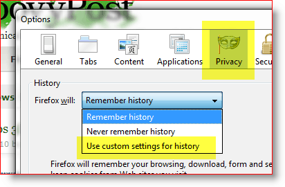 Firefox - koristite prilagođene postavke za povijest