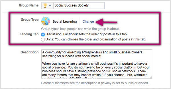 Kliknite vezu Promijeni pored postojeće klasifikacije vrsta grupe i odaberite Društveno učenje.