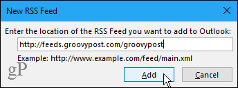Novi dijaloški okvir RSS feeda u programu Outlook