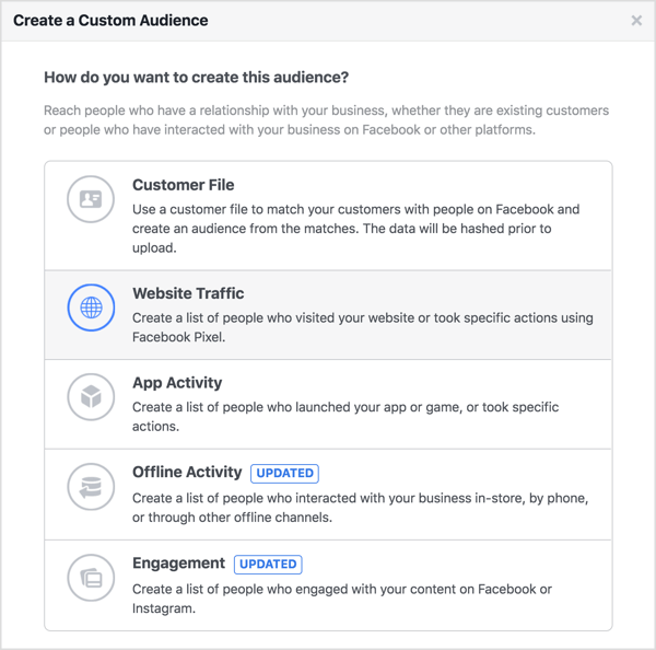 Stvorite Facebook prilagođenu publiku na temelju prometa na vašoj web stranici.