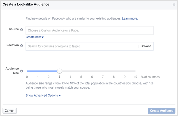 Dijaloški okvir Facebook Create a Lookalike Audience ima klizač Audience Size.
