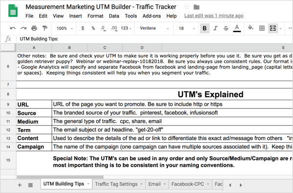 Na prvoj kartici, UTM Building Tips (Savjeti za izgradnju UTM-a), pronaći ćete sažetak prethodno opisanih UTM informacija.