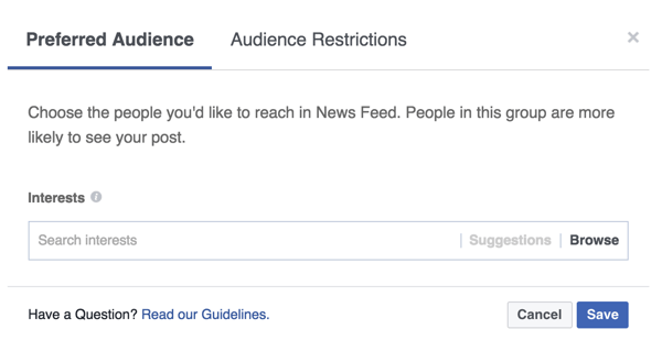 Dodajte oznake interesa koje odražavaju ljude koje želite dosegnuti svojim Facebook postom.