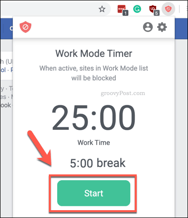Pokretanje mjerača vremena BlockSite Work Mode