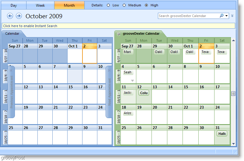 Snimak zaslona kalendara Outlook 2007