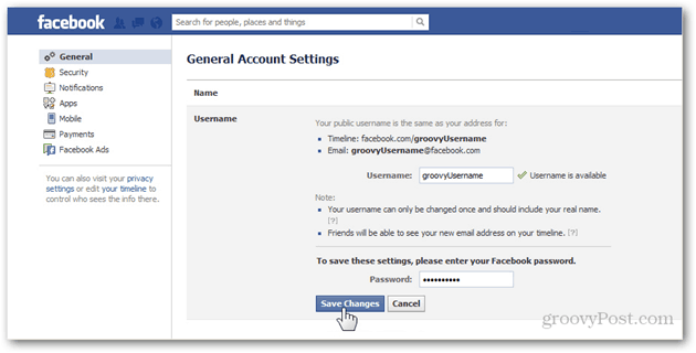 facebook opće postavke postavki računa upravljaju općim korisničkim imenom lozinka za snimanje