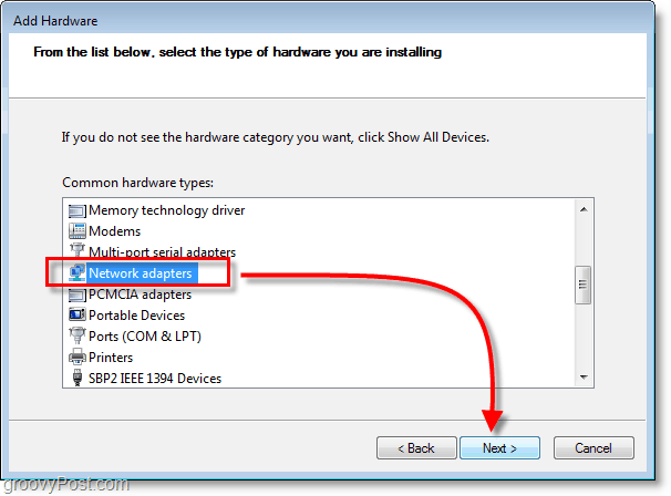 Zaslon za umrežavanje sustava Windows 7 - odaberite mrežne adaptere