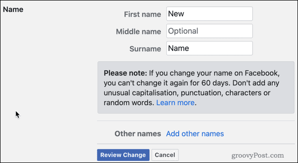 Pregledajte promjene imena na Facebooku