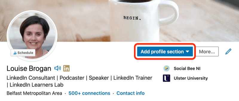 uzorak linkedin profila s istaknutim gumbom odjeljka profila oglasa