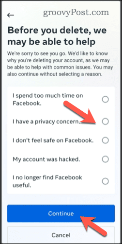 Odabir brisanja Facebook računa na mobilnom telefonu