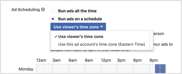 Odaberite opciju Koristi vremensku zonu preglednika za svoju Facebook kampanju.
