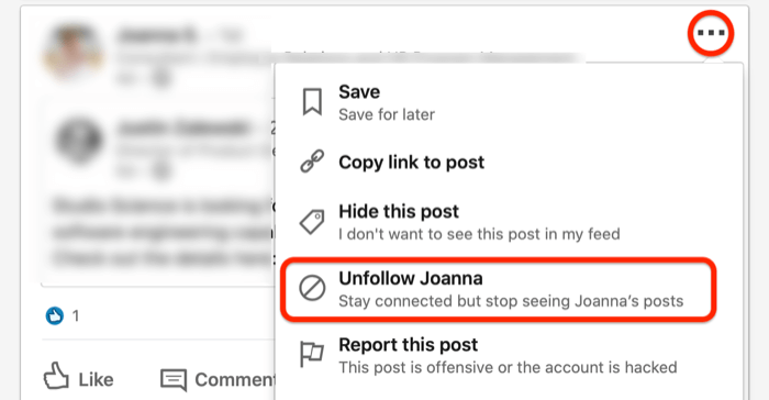 snimka zaslona... padajući izbornik za LinkedIn post s opcijom Ne slijedi zaokruženom crvenom bojom
